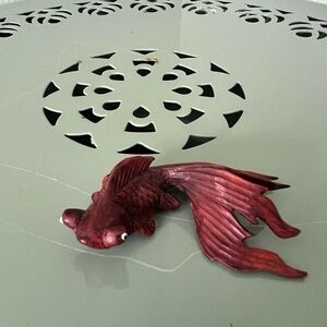 Set Of Two Wood Asian Hand Carved Koi Goldfish Netsuke Sculpture